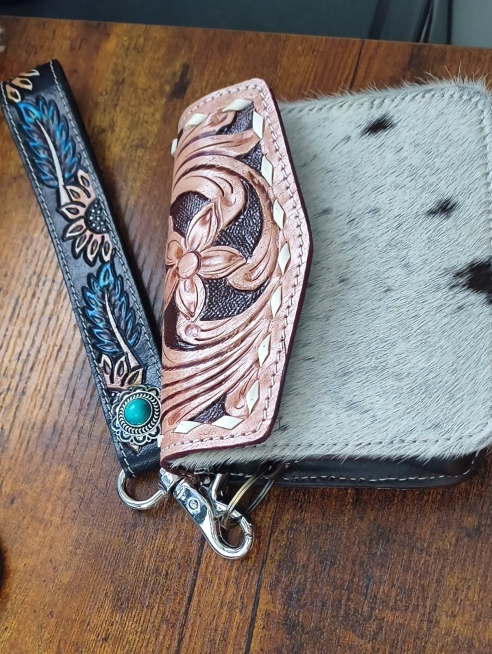 Handcrafted Hair-on-Hide Wallet with Tooled Leather Strap